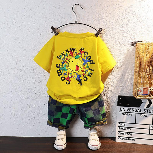 Cartoon letters round neck short sleeved suit boys' casual shorts two-piece set